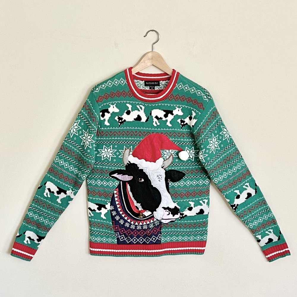 Blizzard Bay Santa Cow Ugly Christmas Green Holiday Sweater Adult Medium